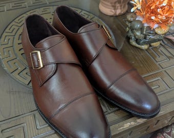 Men's Brown Leather Monk Strap Shoes, Handmade Dress Shoes, Classic Formal Shoes