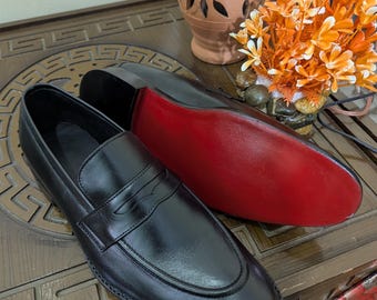 Christian Louboutin Style Men’s Black Calf Leather Penny Loafers – Handmade Luxury Dress Shoes