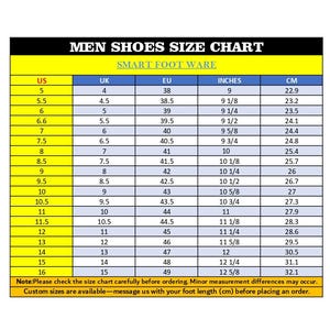 May include: A shoe size chart with US, UK, EU, inches, and cm measurements. The chart is labeled "MEN SHOES SIZE CHART" and includes sizes from US 5 to 16. The chart also includes a note about checking the size carefully.