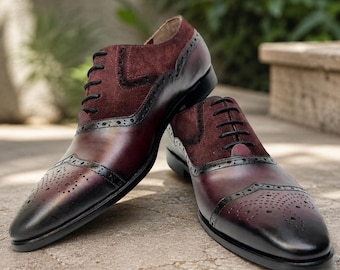 Bordeauxrode brogue-schoenen heren – handgemaakte leren en suède geklede schoenen