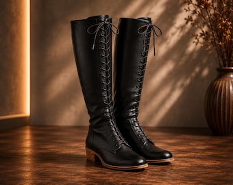 Black Leather Lace-Up Knee High Boots – Women’s Vintage Heeled Boots