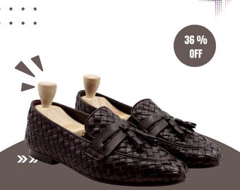 Men's Dark Brown Woven Leather Tassel Loafers – Handmade Braided Slip-On Dress Shoes
