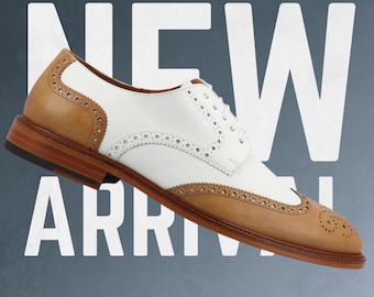 Herren zweifarbige Leder Wingtip Oxford Schuhe | Weiß Tan Brogue Detaillierung