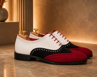 Handmade Leather Wingtip Oxford Shoes | Men's Red Black White Dress Shoes | Stylish Formal Wedding Shoes