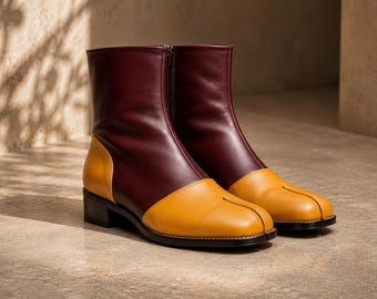 Men’s Two Tone Leather Tabi Boots | Burgundy & Mustard Chelsea Boots | Handmade Split Toe Boots | Stylish Dress Boots
