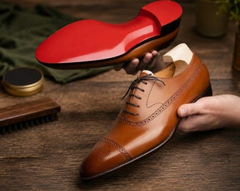 Bruine leren oxford herenschoenen met rode onderzool | Handgemaakte luxe geklede schoenen
