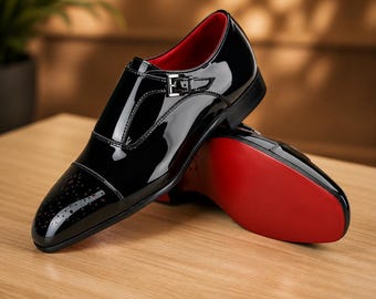 Christian Louboutin heren handgemaakte zwarte lakleer monniksschoenen rode zool