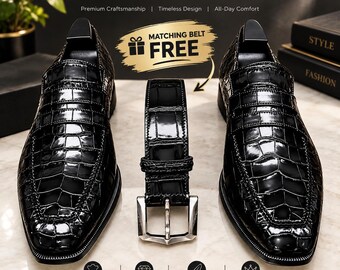 Men's Black Croc Loafers | Genuine Leather Dress Shoes | Handmade Slip On Shoes | Formal Business Loafers |  Free Matching Leather Belt