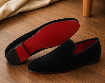 Zwart fluwelen loafers heren – handgemaakte formele schoenen met rode zool