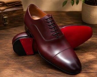 Richelieu bordeaux fait main pour homme | Chaussures habillées de luxe en cuir | Chaussures habillées à semelle rouge