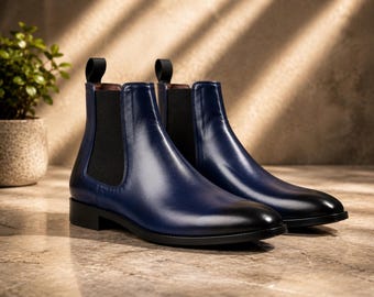 Navy Blue Chelsea Boots for Men | Leather Ankle Boots | Classic Slip On Boots | Handmade Dress Shoes | Modern Footwear