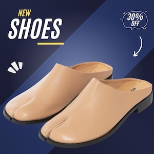May include: A pair of beige split-toe shoes with black soles. The shoes are displayed on a gradient blue background with the words "NEW SHOES" in white. A speech bubble indicates a 30% discount.