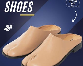 Beige Leather Tabi Mule Shoes: Minimalist Japanese Style Slip On Flats