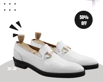 White Patent Leather Loafers with Gold Metal Bit | Men's Formal Slip-On Shoes