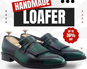 Men's Green Leather Fringe Loafers – Hand-Painted Moc Toe Dress Shoes
