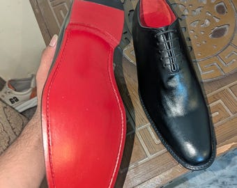 Handmade Black Leather Oxford Shoes - Men's Dress Shoes with Red Leather Sole - Luxury Formal Wedding Shoes - Lace Up Shoes