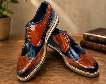 Op maat gemaakte handgemaakte tweekleurige oxfordschoenen – bruinblauwe leren brogueschoenen voor heren