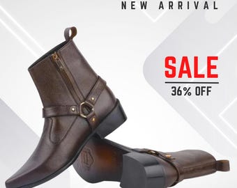 Handmade Brown Leather Ankle Boots | Men's Harness Chelsea Boots