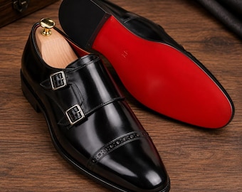 Zwarte lakleer herenschoenen met dubbele gesp – rode zool, formele trouwjurk