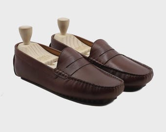 Mocasines de conducción de cuero marrón para hombre – Mocasines Penny Slip-On hechos a mano