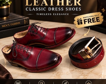 Men's Burgundy Leather Oxford Shoes | Handmade Dress Shoes | Genuine Leather Formal Shoes | Classic Business Oxfords | Matching Leather Belt