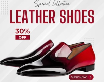 Handmade Luxury Gradient Patent Leather Loafers – Red to Black Slip-On Dress Shoes for Men