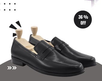 Men's Black Leather Penny Loafers – Classic Formal Slip-On Dress Shoes