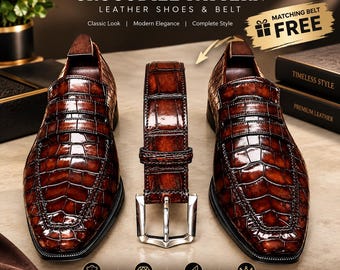 Men's Brown Croc Loafers | Genuine Leather Dress Shoes | Handmade Slip On Shoes | Formal Business Loafers | Free Matching Leather Belt