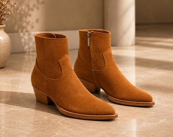 Women’s Brown Suede Ankle Boots | Western Chelsea Style Boots | Block Heel Leather Boots | Side Zip Boots