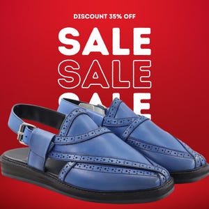 Blue Leather Peshawari Sandals – Handmade Pakistani Kaptaan Chappal, Traditional Wedding Wear