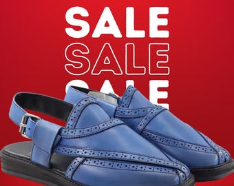 Sandálias Peshawari de couro azul – Kaptaan Chappal paquistanês feito à mão, roupa tradicional de casamento