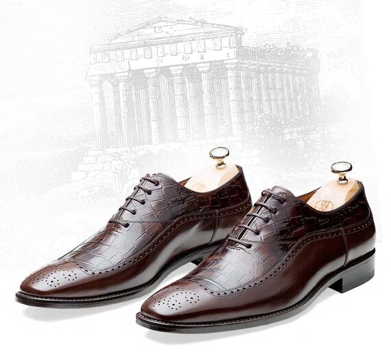 baldwin Dark Brown Leather Wingtip Oxfords with Croc-Texture Accents Wingtip Brogue Oxford- Croc Burgundy & Tan | Lethato main image 3