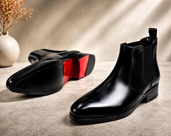 Black Chelsea Boots for Men | Red Sole Leather Ankle Boots | Classic Slip On Boots | Handmade Dress Shoes | Luxury Footwear