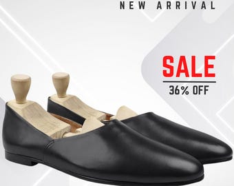 Men's Black Leather Minimalist Loafers – Handmade Slip-On Dress Shoes – Formal Wedding Footwear