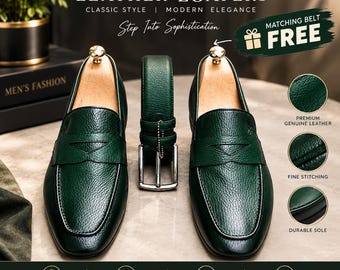 Men's Green Leather Loafers | Handmade Dress Shoes | Genuine Leather Slip On Shoes | Formal Business Loafers | Matching Belt