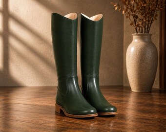 Women’s Handmade Leather Knee High Lace-Up Boots | Tall Riding Boots | Block Heel Boots | Fashion Winter Shoes