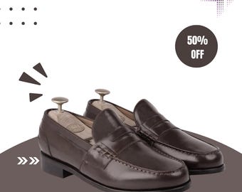 Men's Dark Brown Leather Penny Loafers – Handmade Classic Slip-On Dress Shoes