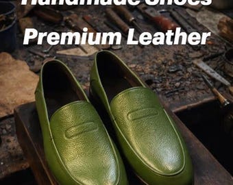 Mocasines de cuero verde hechos a mano – Zapatos de vestir sin cordones para hombre