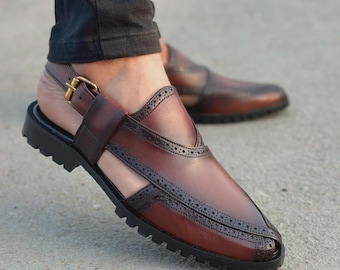Sandálias Peshawari de couro feitas à mão | Calçado masculino tradicional paquistanês