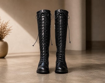 Women’s Black Leather Knee High Boots | Handmade  Lace Up Tall Boots | Low Block Heel Boots | Side Zip Fashion Boots | Fall Winter Footwear
