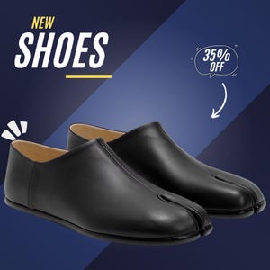 May include: A pair of black leather shoes with a split-toe design. The shoes are displayed on a gradient blue background with the words "NEW SHOES" in white. A white speech bubble indicates a 35% discount.
