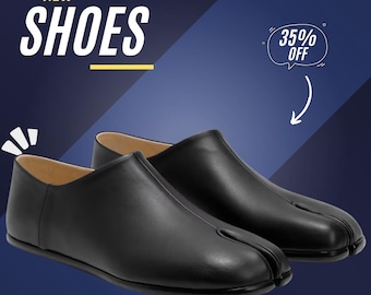 Zwartleren Tabi-schoenen heren – Japanse loafers met splitten, minimalistische instappers