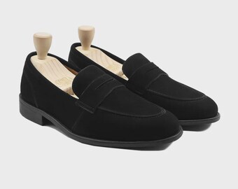 Mocasines de gamuza negra para hombre – Zapatos de vestir minimalistas hechos a mano sin cordones