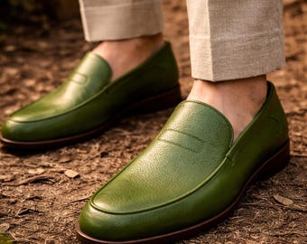 Handmade Green Leather Loafers – Men's Slip-On Dress Shoes