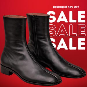 May include: A pair of black leather boots with a split-toe design. The boots have a zipper closure and a low heel. The background is red with the word "SALE" repeated three times and "DISCOUNT 35% OFF" at the top.