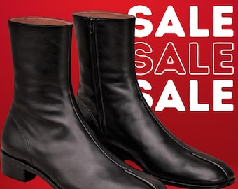 Zwarte leren tabi-laarzen voor heren – handgemaakte designerschoenen enkel met gespleten teen