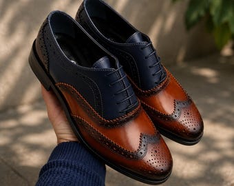 Handgemaakte herenschoenen – tweekleurige leren brogue-oxfords