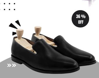 Black Leather Tuxedo Loafers – Handmade Formal Slip-On Dress Shoes for Weddings
