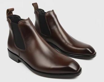 Botines Chelsea de cuero marrón para hombre / Zapatos de vestir hechos a mano con punta cuadrada