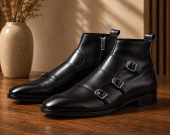Handmade Men’s Black Leather Ankle Boots | Double Buckle Chelsea Style Boots | Side Zip Dress Boots | Stylish Casual Footwear